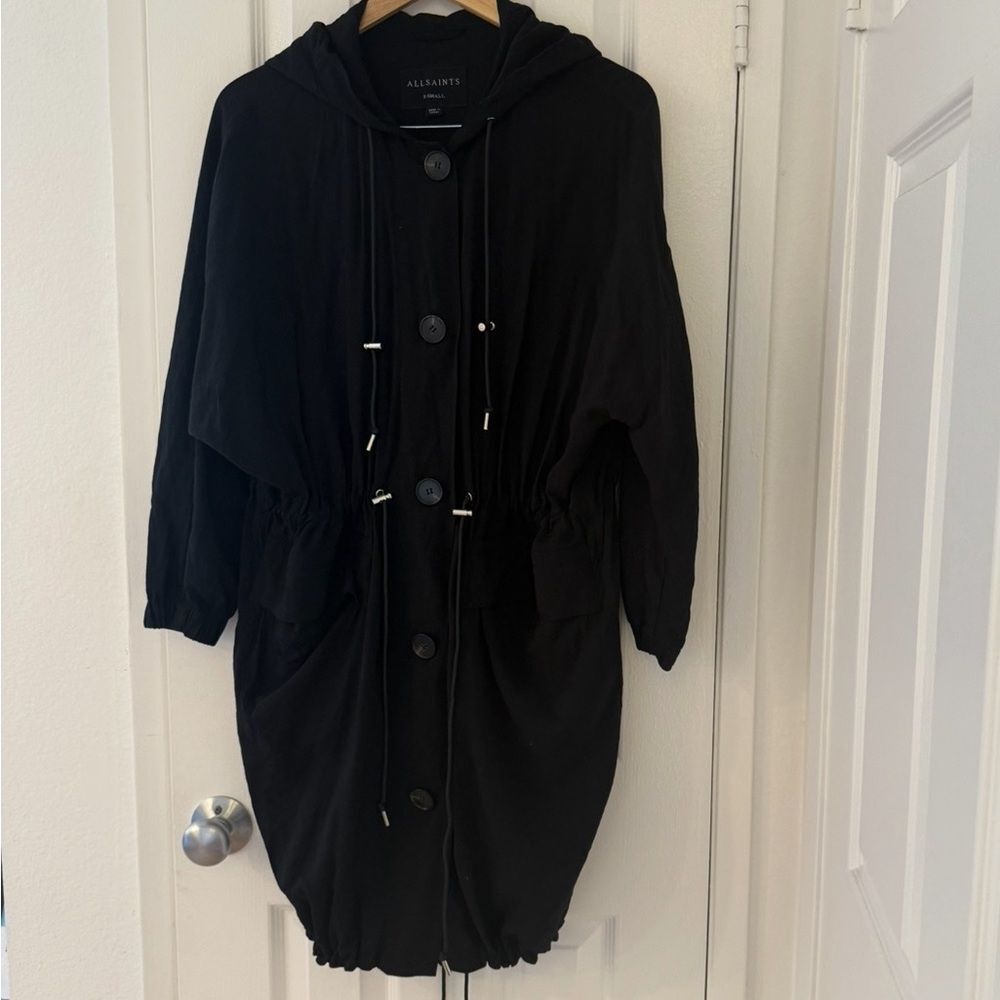 AllSaints Bay Parka Black XS Lightweight Hooded Utility Jacket Oversized